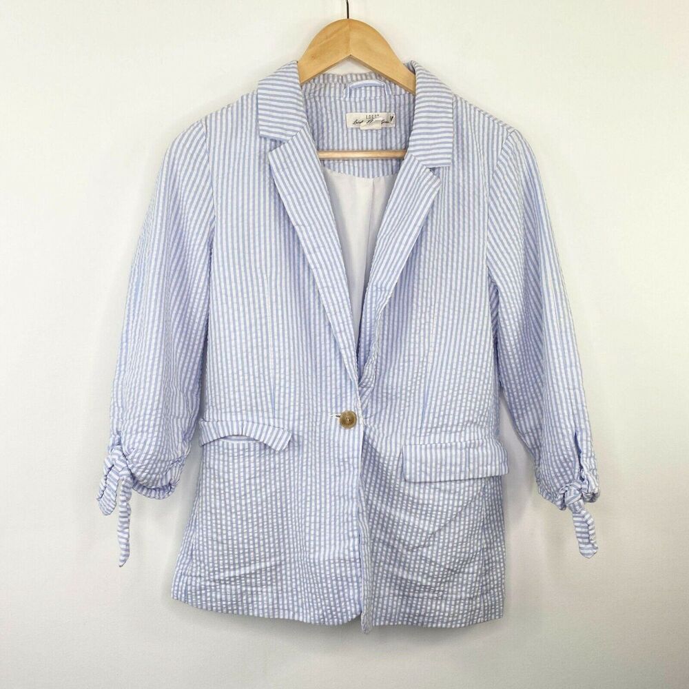 LOGG Womens Blue Striped Seersucker Blazer Jacket Suit Size 2 Career Office‎